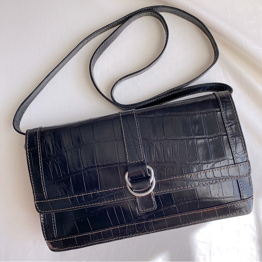 LEATHER CROC EMBOSSED CONVERTIBLE CROSSBODY CLUTCH BAG JONES NEW YORK Black Red